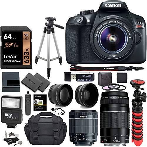 Canon EOS Rebel T6 DSLR Camera Kit, EF-S 18-55mm is II Lens, EF 75-300mm III Lens, RitzGear Wide Angle, Telephoto Lens, 64GB U3 and Accessory Bundle