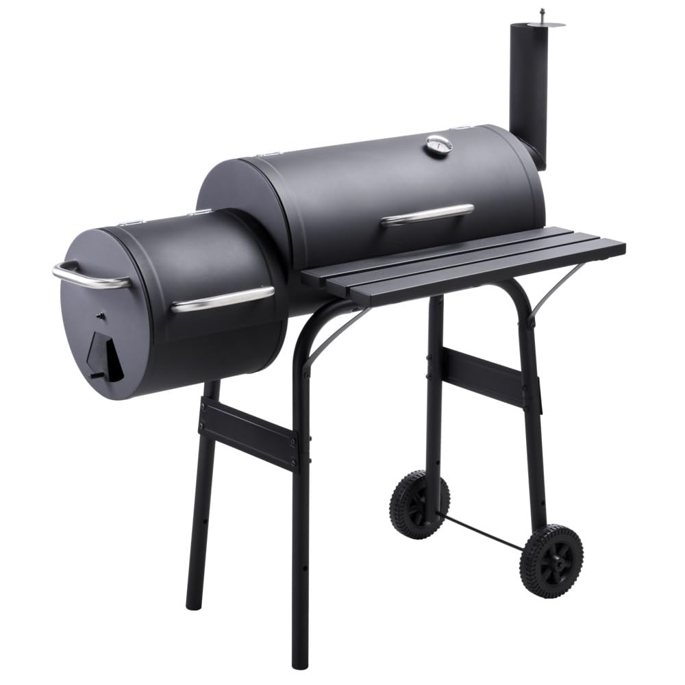 Smoker BBQ mit 2 Grillzonen & Thermometer - Holzkohlegrill aus Metall mit Rollen - Grillwagen fahrbar