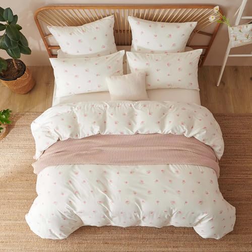 Image of Floral Duvet Cover Full Size White Pink Tulip Pattern Bedding Set with Zipper Closure 3 Pcs Garden Style Soft Microfiber Comforter Cover for Kids Women with 2 Pillowcases