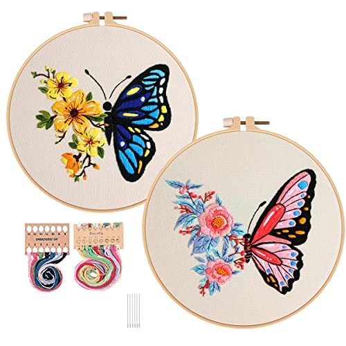 Image of Konrisa Embroidery Starter Kits with Butterfly Flower Pattern, Stamped Cross Stitch Kits for Beginners Adults DIY Sewing Include Embroidery Hoop Embroidery Fabric Threads and Needles,Set of 2