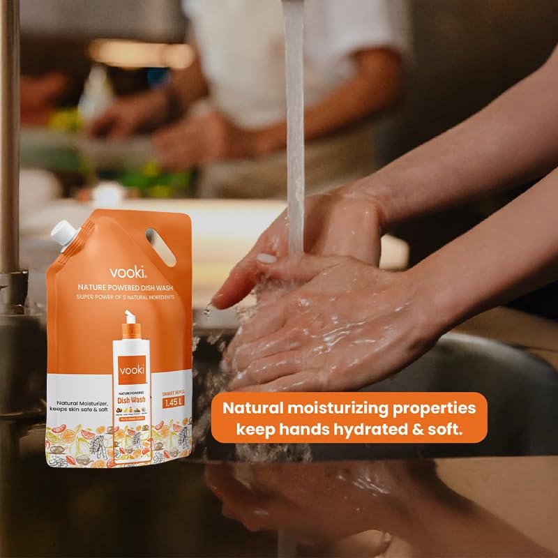 Image of Vooki Natural Dishwasher Liquid with Soapnut, Lemon, Tamarind, Orange Peel & Rock Salt, Tough on Grease and Stains, Utensil Cleaner Liquid Safe on Hands - 1.45 Ltr (Refill Pouch)