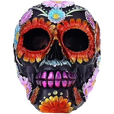 Resin Sugar Skull Black Day of The Dead Skull 1 P754754D - Flower Halloween Decoration Gothic DOD Skeleton Head Dia de Los Muertos - Floral Black