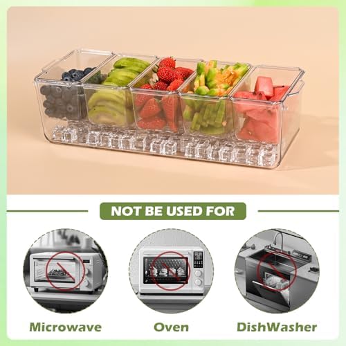 Ice Chilled Condiment Caddy with 5 Containers(2.5 cup), Condiment Server with Separate Lids, Serving Tray Platter with Removable Dishes for Bar Accessories, Fruit, Salad, Taco, Party Garnish