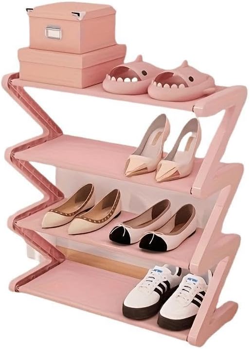 4 Layer Z Shaped Shoe Rack, Easy To Assemble Shoes Storage Rack, Stackable Home Organizer for Living Room, Dormitory, School (pink)