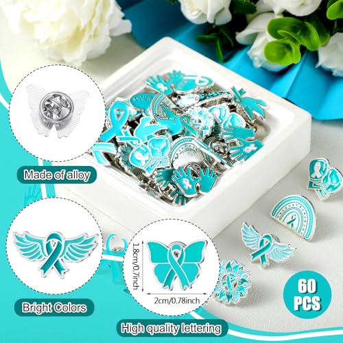 Image of Landical 60 Pcs Sexual Assault Awareness Products Bulk Teal Ribbon Pins Ovarian Cancer Lapel Pin Cervical Cancer Items for Hat Backpack Party Favors Charity Gifts Public Social Event Supplies