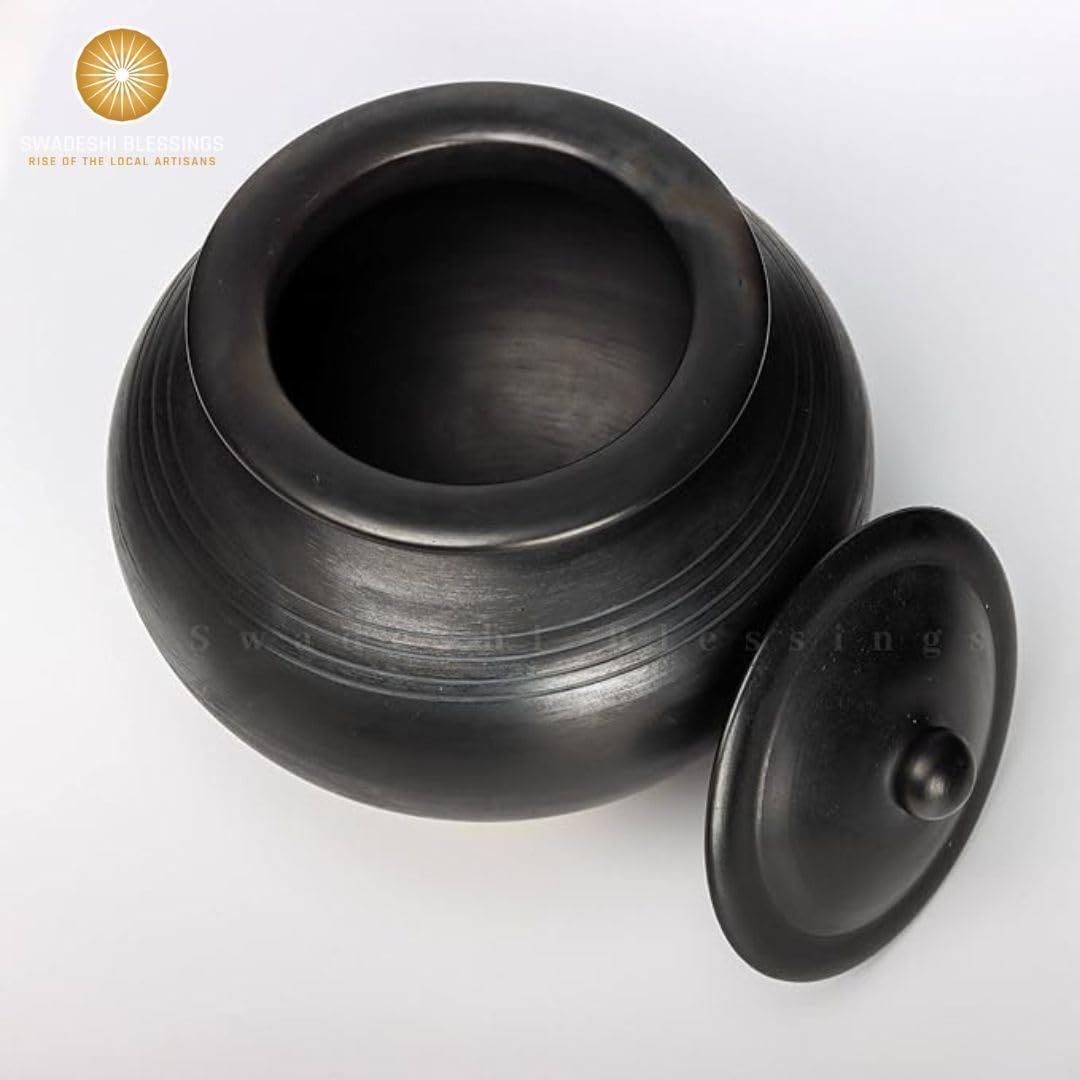 Swadeshi Blessings HandMade Unglazed Clay Pot for Cooking with Lid, 4Liters | Chemical-Free, Multi-Use Clay Cookware, Mud Handi, Mitti Ke Bartan, Biryani Pot, Earthen Kadai, Free Cleanser&Palm Leaf Stand
