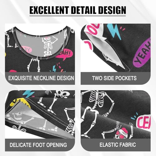 CHIFIGNO Dancing Skeletons Black Summer Pajama Set, Short Sleeve Cozy Jammies with Pocket, Ages 53