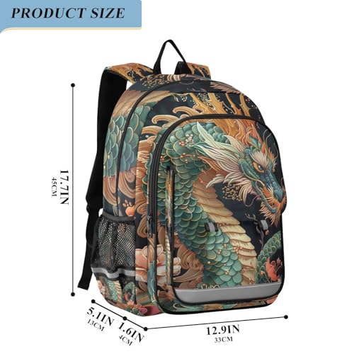 Green Dragon Vintage Flower Kids School Backpack for Boys Girls, 17 Inch Large Kids Backpack Boys Elementary School, 6-12 Y2