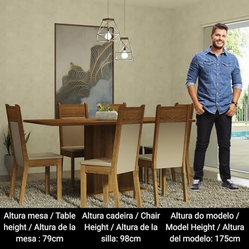 Image of Madesa 6 Seater Dining Set with Cushioned Seats Rectangular Table Top Sturdy Wooden 160 Cm for Dining Room and Kitchen - Brown /Beige