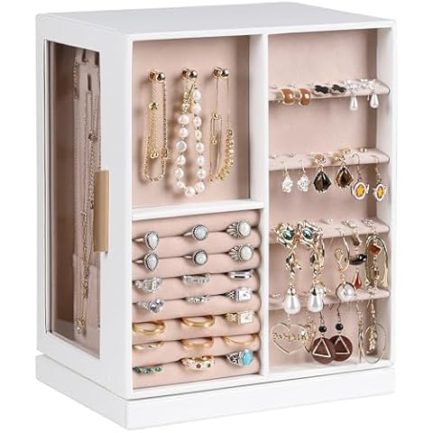 Frebeauty 360° Rotating Jewelry Box,PU Leather Jewelry Organizer with 6 Drawers,Large Jewelry Storage,Clear Window,Golden Handle,Vertical Jewelry Holder for Earrings Necklace,Gift for Women(White) Cover
