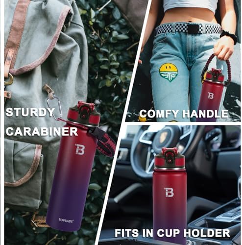 TOPBADE Insulated Water Bottle With 2 Lids (Straw Lid & Spout Lid), Stainless Steel Water Bottle with Paracord Handle Wide Mouth, Double Wall Sweat-Proof BPA-Free RED BLUE - 1