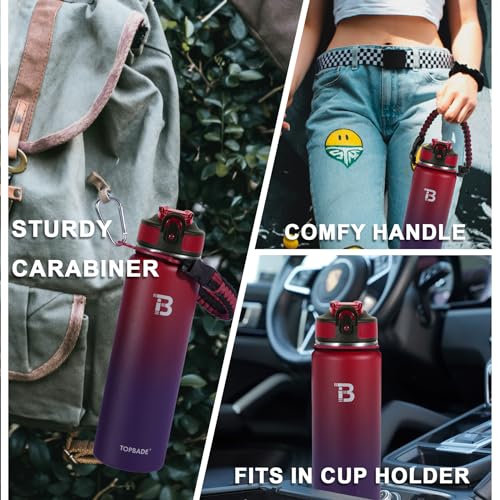 TOPBADE Insulated Water Bottle With 2 Lids (Straw Lid & Spout Lid), Stainless Steel Water Bottle with Paracord Handle Wide Mouth, Double Wall Sweat-Proof BPA-Free RED BLUE