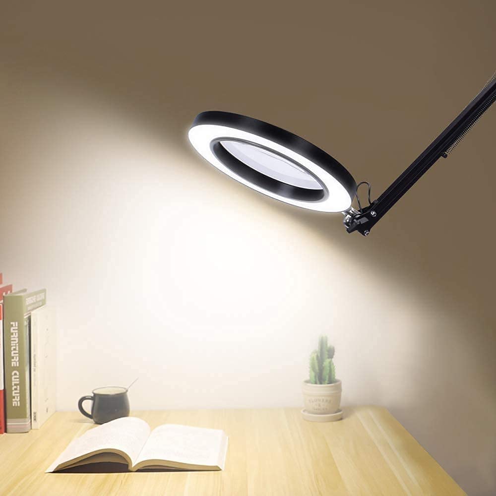 Lampa powiększająca z zaciskiem, 5-krotne powiększenie, płynne ściemnianie, 3 tryby kolorów, 10 poziomów jasności, metalowe ramię obrotowe LED do majsterkowania, lutowania