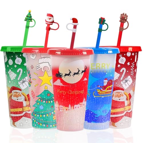 TANSHICT Christmas Color Changing Cups with Lids and Straws Include Straw Covers,Christmas cups for kids,Coffee Cups For Festival,Reusable Cups For Party,5 Pack,24 oz