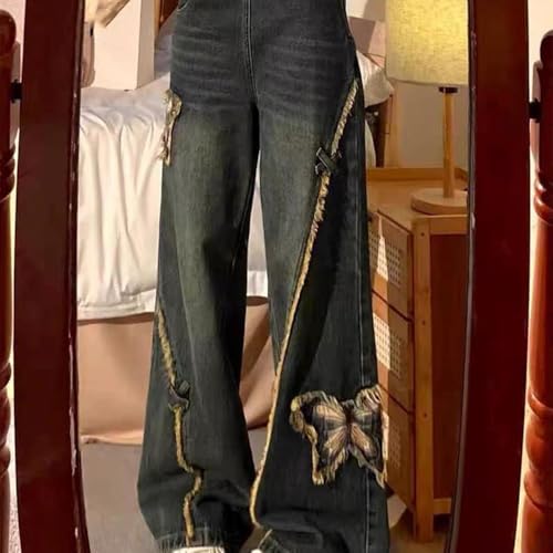 Women's Daily Casual Pants American high Street y2k Commuting Style Butterfly Embroidery Retro Blue Jeans4