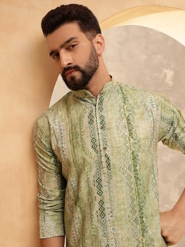 Image of SOJANYA (Since 1958 Men's Cotton Silk Green Print Kurta with White Pyjama