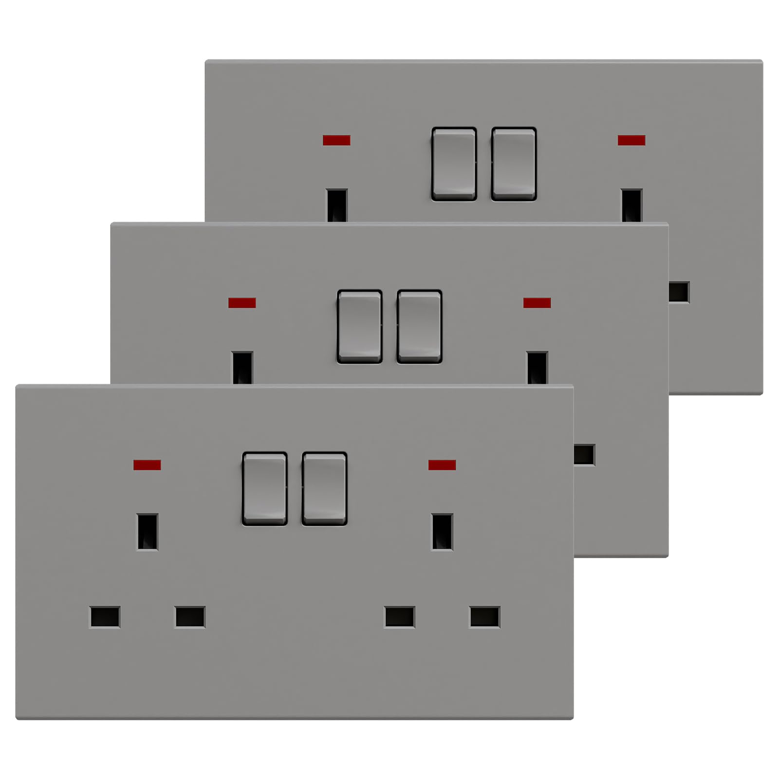 BSEED Double Socket 3 Pack, Electrical Double Switched Power Plug Wall Socket with LED Indicator, PC Wall Plate Outlet, Grey, 13A