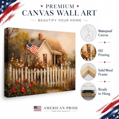 Image of RIBNTAK Made in USA Patriotic American Flag Farmhouse Canvas Wall Art, 4th of July Cottage Garden with Roses Painting Print, Independence Day Decor for Living Room, Bedroom & Kitchen, 8x12in