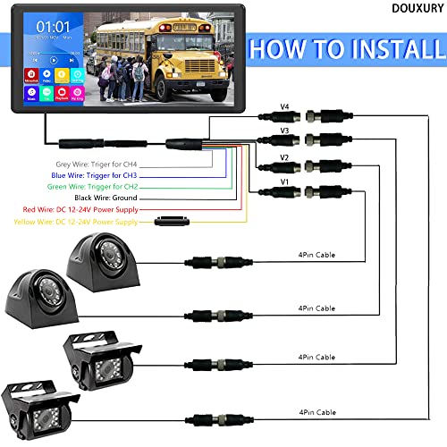 RV Backup Camera System with 10.36’’ 4K Monitor for RV Truck Bus Trailer with 4 Rear/Side View 1080P HD Cameras 4 Splits Touch Screen DVR Recording IP69 Waterproof Bluetooth Music Video Avoid Blind by DOUXURY - Used condition - Image 8