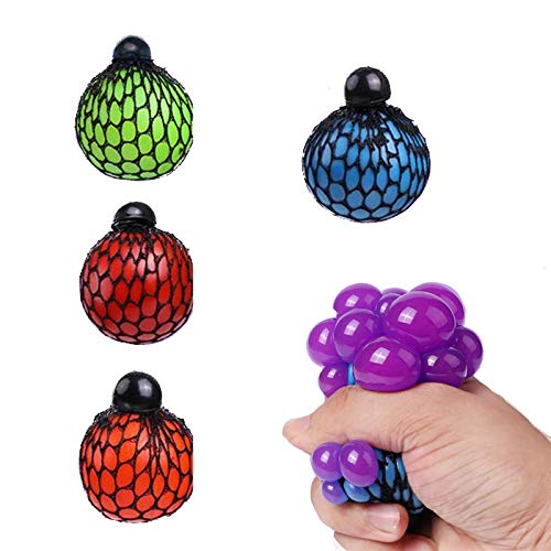 Nextnol 4Pcs Mesh Ball Rubber Stress Relief Squeezing Soft Rubber Vent Grape Ball Hand Wrist Toy Vent Toy(Red, Orange, Blue and Green)