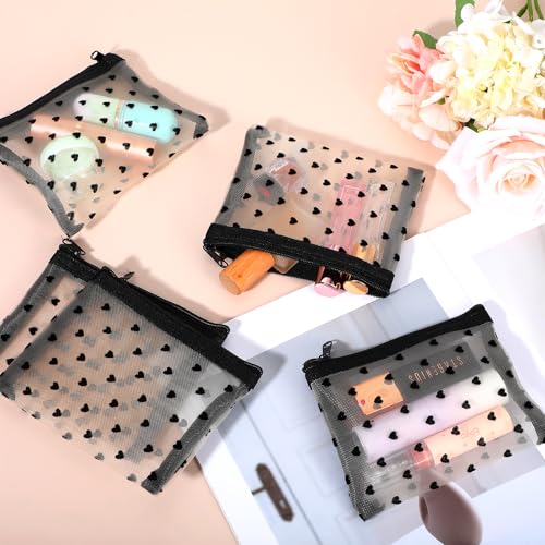 10pcs Mini Mesh Makeup Bags Zipper, Heart Print Cosmetic Bags 3D Heart-shaped Storage Pouch Small Nylon Organizer Purse Bag for Women Lipstick Travel Home Offices Toiletry(Beige)4