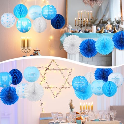 Image of Retisee 18 Pcs Hanukkah Party Decoration Happy Hanukkah Paper Lanterns with Candlestick Dreidel Blue White Hanging Paper Fans Honeycomb Balls Chanukah Home Ornament for Jewish Party Decor