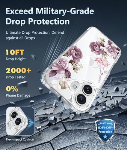 Image of Elzzi Transparent Flower Cover for iPhone 17 Case Shockproof Floral Design Full Camera Protection Shockproof PC+TPU Covers for Girls & Women (Deep Purple)