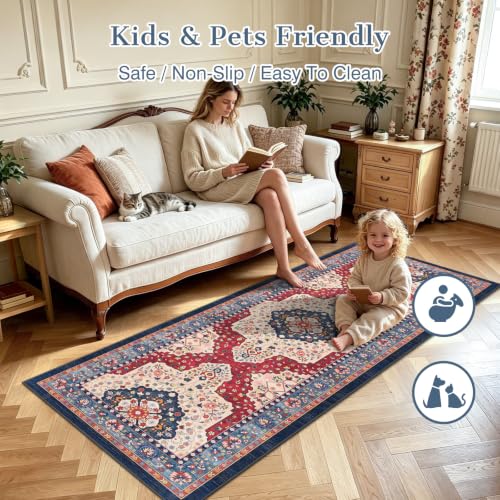 TUKDAK Vintage Teppich Läufer Flur 60x180cm, Rot Blau Boho Teppichläufer für Flure rutschfest, Waschbar Kurzflor Küchenläufer… – Ansicht 2