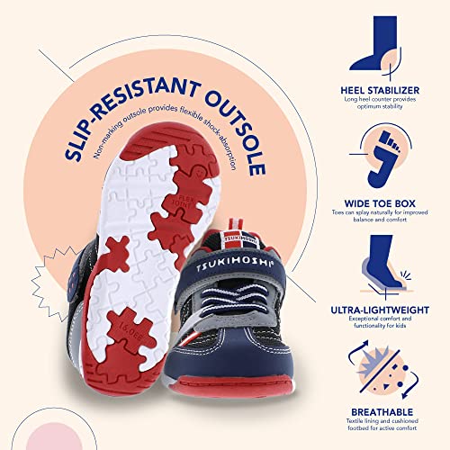 Tsukihoshi 1521 Kaz Strap-Closure Machine-Washable Child Sneaker Shoe With Wide Toe Box And Slip-Resistant, Non-Marking Outsole - Navy/Red, 11 Little Kid (4-8 Years) #TOP4