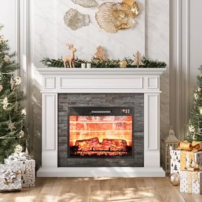 Naice 44" Electric Fireplace Mantel, Farmhouse TV Stand with Electric Fireplace Heater, Stacked Stone Surround and Remote Control 3D Realistic Flame, White Fireplace for Living Room Bedroom