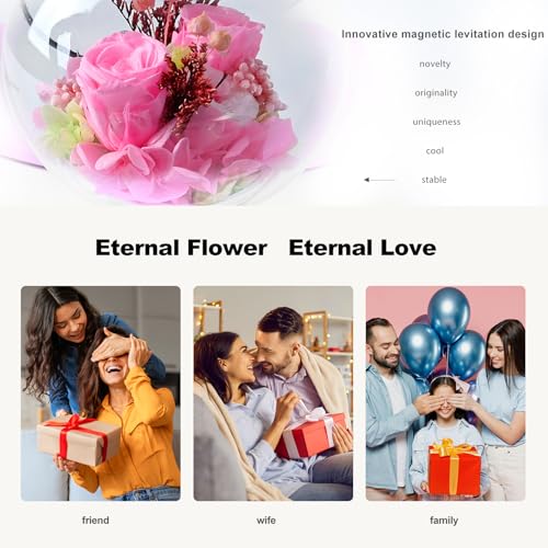 LoveLin,Magnetic Levitation Table Lamp with Bluetooth Speaker,5W Circle Variable Color Led Night Light,Rotate 360° Forever,Romantic Preserved Flowers Lamp for Restaurant Office & Home Decor