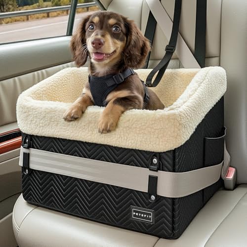Image of PETSFIT Small Dog Car Seat, Waterproof PU Leather Dog Booster Car Seat with Patented Safe Buckles, Detachable Washable Cushion, 2 Storage Pockets, Dog Car Seat Medium Sized Dog up to 30 lbs (Black)