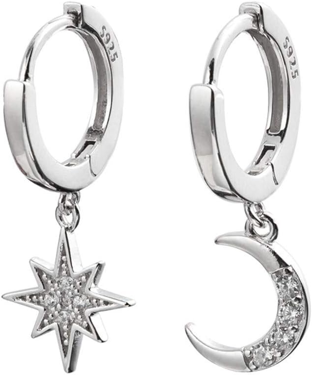 Moon Star Dangle Small Hoop Earrings for Women Girls Sterling Silver with Charms Crystal Asymmetrical Snowflake Crescent Drop Mini Cartilage Clip Jewelry Delicate Fashion Birthday Gifts Best Friend