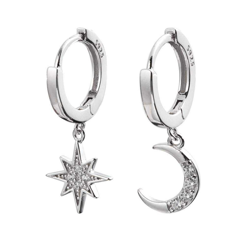 Moon Star Dangle Small Hoop Earrings for Women Girls Sterling Silver with Charms Crystal Asymmetrical Snowflake Crescent Drop Mini Cartilage Clip Jewelry Delicate Fashion Birthday Gifts Best Friend