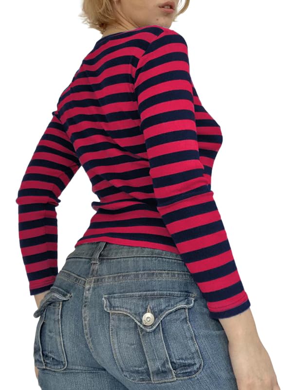 Image of Women Off Shoulder Striped Long Sleeve Top 2026 Fall Going Out Tee Shirts