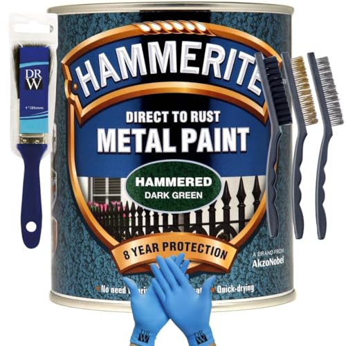 DRW Hammerite Direct to Rust Smooth Metal Paint 750ml Hammered Dark Green 1 Brush, 3 Wire Brush Set & Free Nitrile Gloves | Durable Anti-Rust Protection for Indoor & Outdoor use