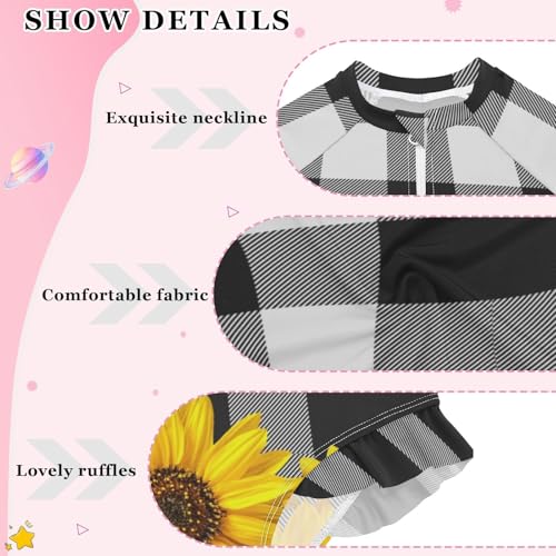 Girls One Piece Swimsuits Long Sleeve Swimsuit Zipper Bathing Suits Yellow Sunflower on Black and White Lattice3