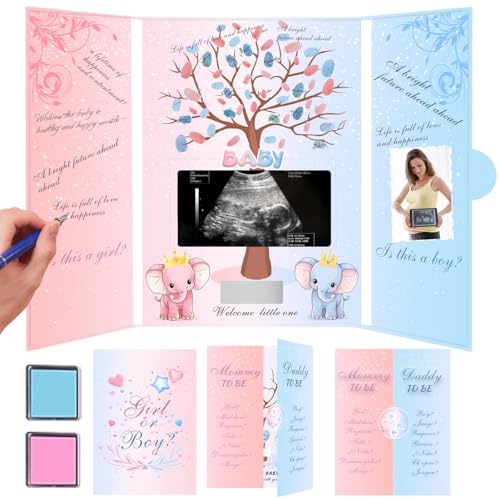 LOVEXIU Albero delle Impronte Digitali Gender,Gender Reveal Libro,Libro degli Ospiti Gender Reveal,Gender Reveal Party Decorazioni,Gender Reveal Party Decorazione Baby Shower Decorazion