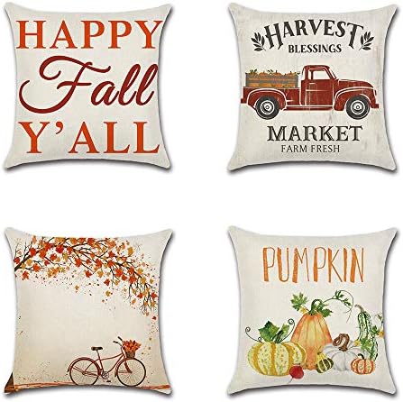 PSDWETS Fall Decor Pumpkin Maple Leaf and Bicycle Pillow Covers Set of 4 Autumn Theme Pumpkins Harvest Truck Farmhouse Decorative Throw Pillow Covers 18 x 18 for Fall Decorations (Happy Fall Y'all)