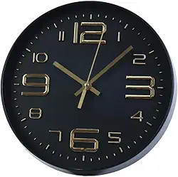 Evolux, Relógio de Parede 29 cm na Cor Preta com Números Dourados Grandes Fáceis de Ler à Distância.