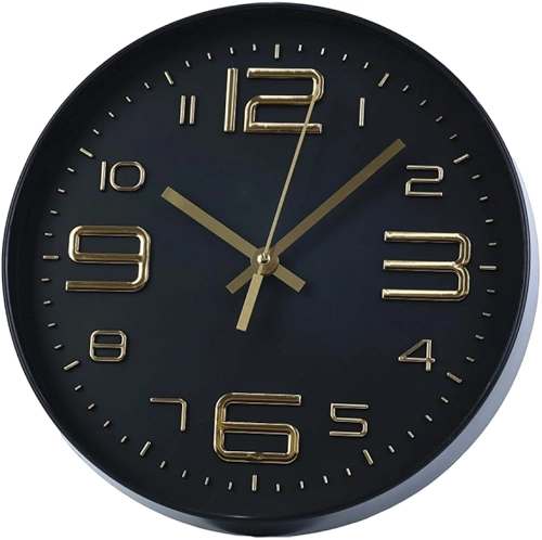 Evolux, Relógio de Parede 29 cm na Cor Preta com Números Dourados Grandes Fáceis de Ler à Distância.