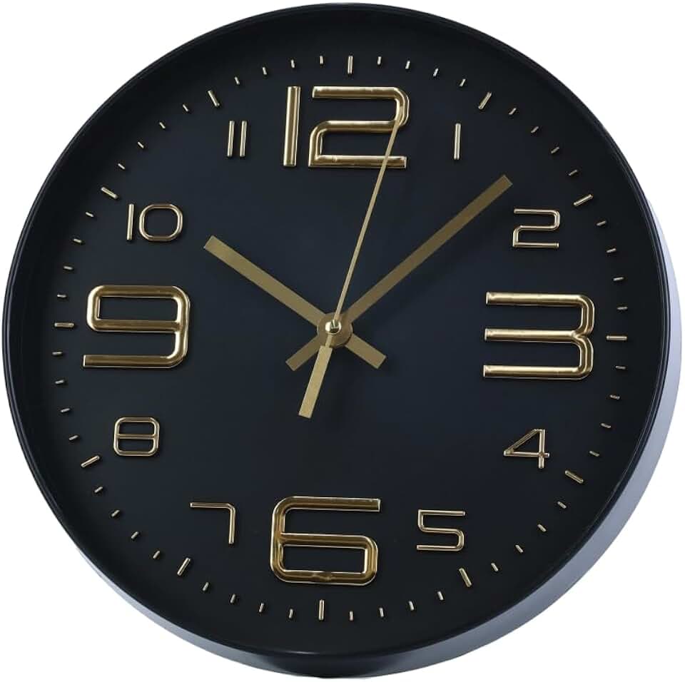 Evolux, Relógio de Parede 29 cm na Cor Preta com Números Dourados Grandes Fáceis de Ler à Distância.