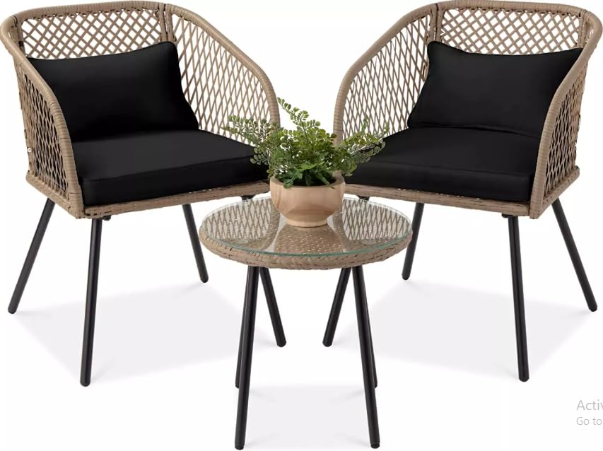 Image of PRATHAM India Outdoor Indoor Patio Set Bistro Set Rattan Chair for Living Room Dining Room Lawn Balcony Outdoor Garden Chair Set with Glass Table (Honey with Black Cushion & Pillow 2+1)