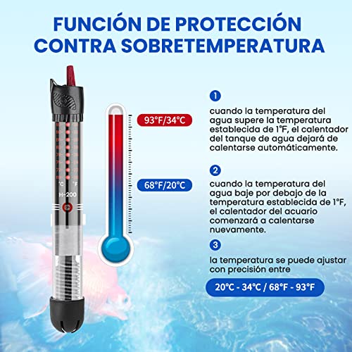 DoRight Calentador de Acuario Sumergible 50W Calentador de Acuario de Temperatura Ajustable, con Ventosa, Termómetro Incorporado Controlador de Temperatura Exterior para Pecera para Acuario 20L-60L - imagen 2