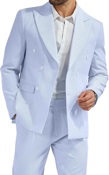 Men's Leisure Striped Seersucker Double Breasted Slim Fit Lightweight Tuxedo Summer Beach Suits