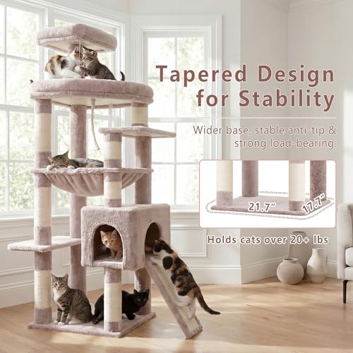 Image of Heybly 64.2 inch Heavy-Duty Cat Tree for Large Cats with Wide Base HCT027MU | Indoor Cat Tower with Scratching Posts & Board, Cat Furniture with Big Platforms, Extra-Large Hammock, Rosy Brown
