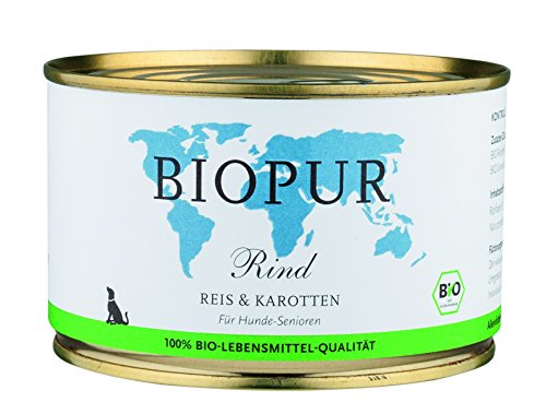BIOPUR Tiernahrung Bio Hundefutter Rind, Reis & Karotten für Hunde-Senioren 12x400g