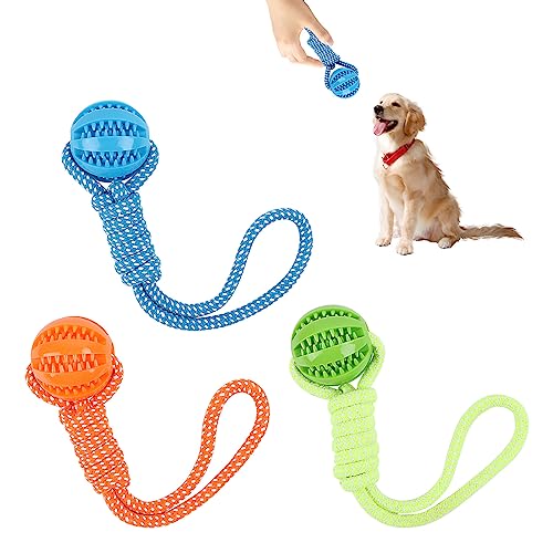 AKONE 3 Stück Hundeball, Hundespielzeug Ball mit Schnur, Wurfball für Hunde, Naturkautschuk Ball Hund Zahnpflege für Große und Kleine Hunde
