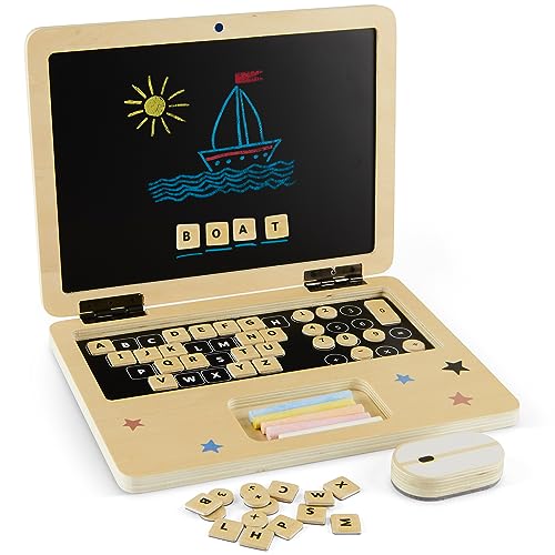 Wooden Computer Pretend Play Set - Pretend Laptop Toy for Kids, Toddlers - Montessori Learning Board for Kids (Ages 2-8) - 41 Magnetic Keys, Chalk Box, Portable Drawing & Writing Board | 11.5 x 8.5