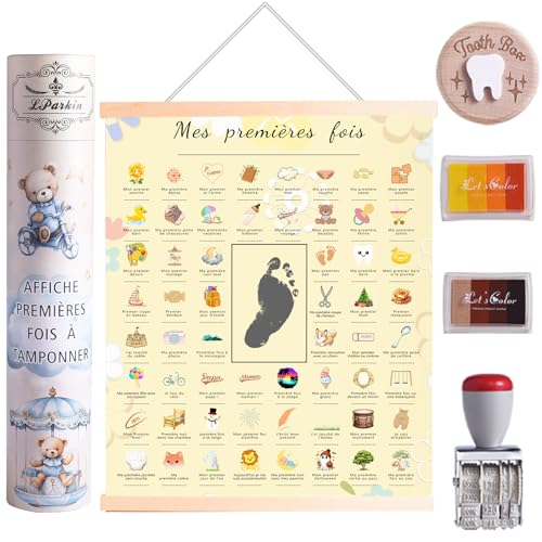 LParkin Affiche Mes Premières Fois à Tamponner - Cadeau Naissance et Baptême pour Garçons et Filles, Décoration Chambre Bébé, Boîte à Souvenirs...
